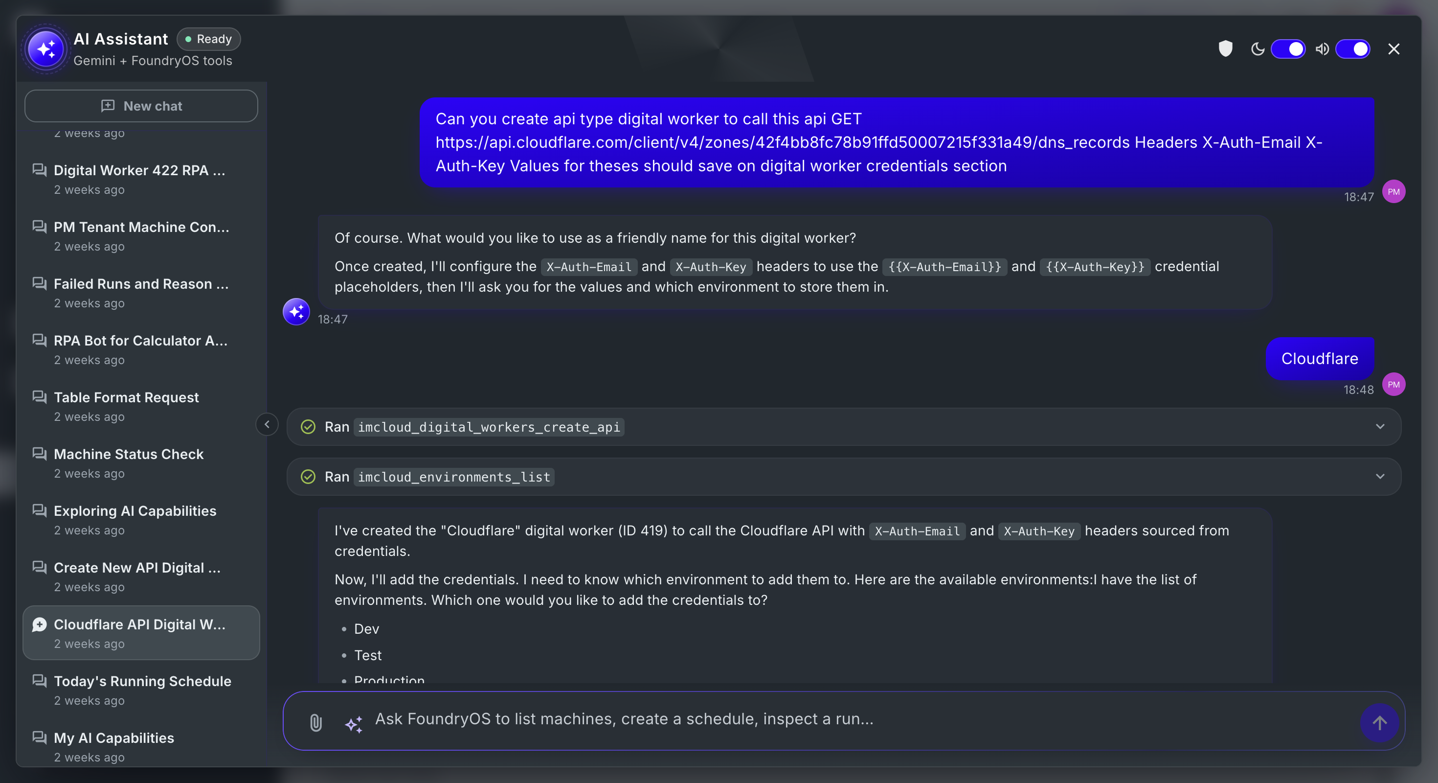 Ask AI chat creating a Cloudflare API digital worker with authentication headers stored as credentials